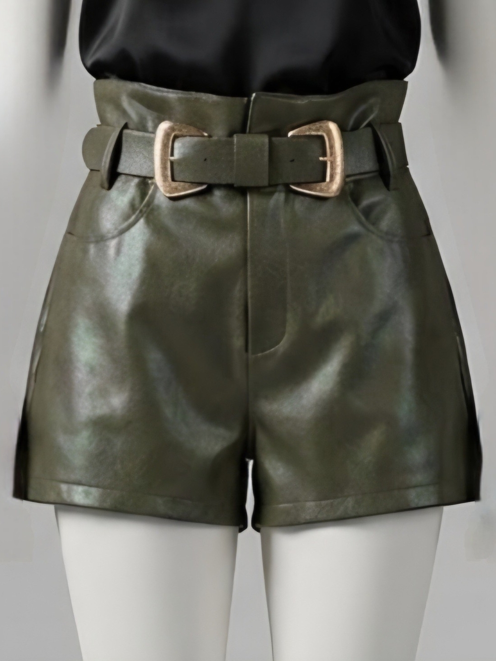 High-Waist Faux Leather Olive Green Belted Shorts